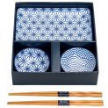 SET 2 PLATOS, SALSERAS, PALILLOS "Blanco-azul"