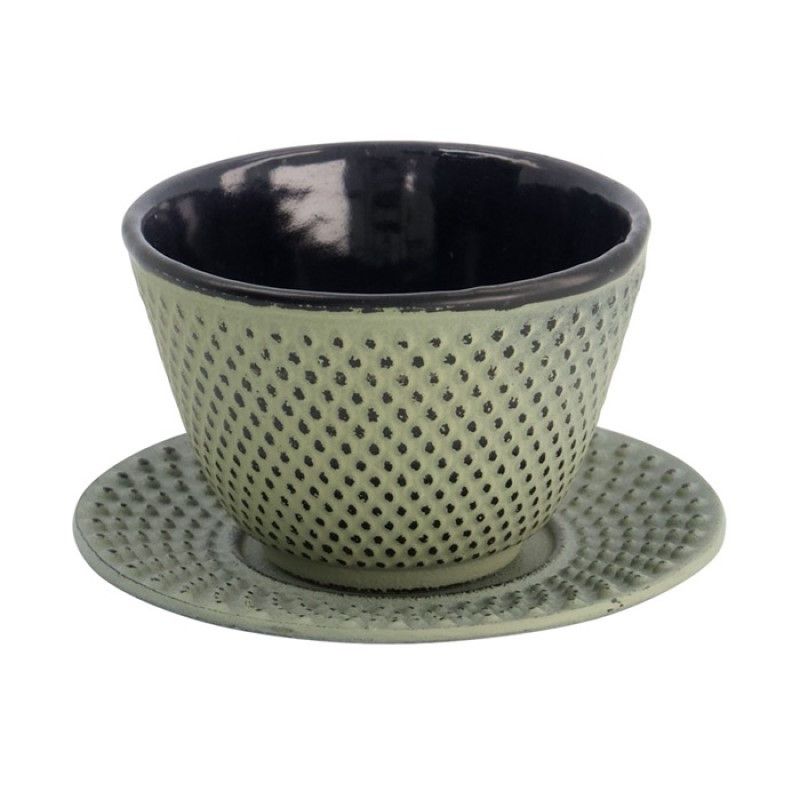 Taza de té de hierro con plato 120ml "puntos-verde". Taza de té de hierro con plato 120ml "puntos-verde".