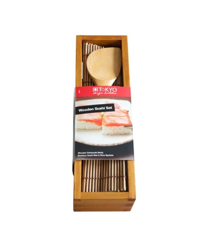Molde de madera para sushi con espátula y esterilla