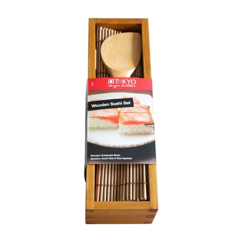 Molde de madera para sushi con espátula y esterilla Molde de madera para sushi con espátula y esterilla