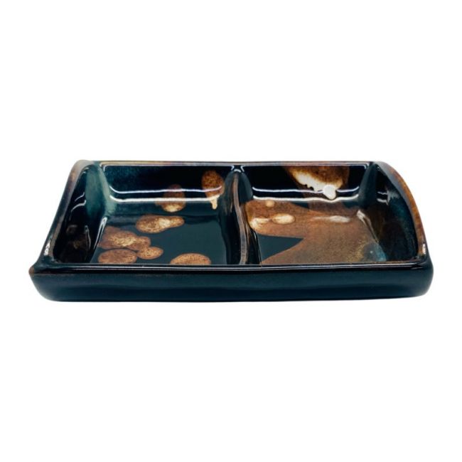 Plato Rectangular para Salsa 2 Espacios 12x8,5cm Porcelana "Negro-Marrón"