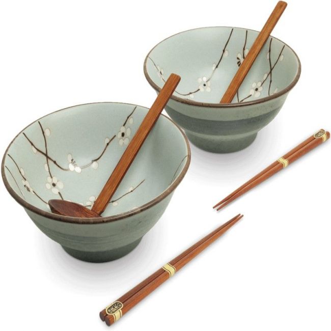 SET 2 CUENCOS 21cm porcelana +2 PALILLOS+2 CUCHARAS "Soshun"