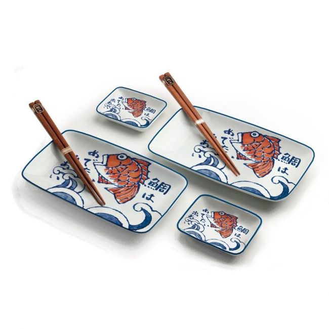 Set 2 Platos Porcelana, 2 Salseras Porcelana y 2 Palillos "Sakana"