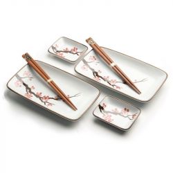 Set 2 Platos Porcelana, 2 Salseras Porcelana y 2 Palillos "Sakura"