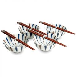 Set 4 Cuencos 11,5cm  Porcelana y palillos "Blanco-Azul-Marron"