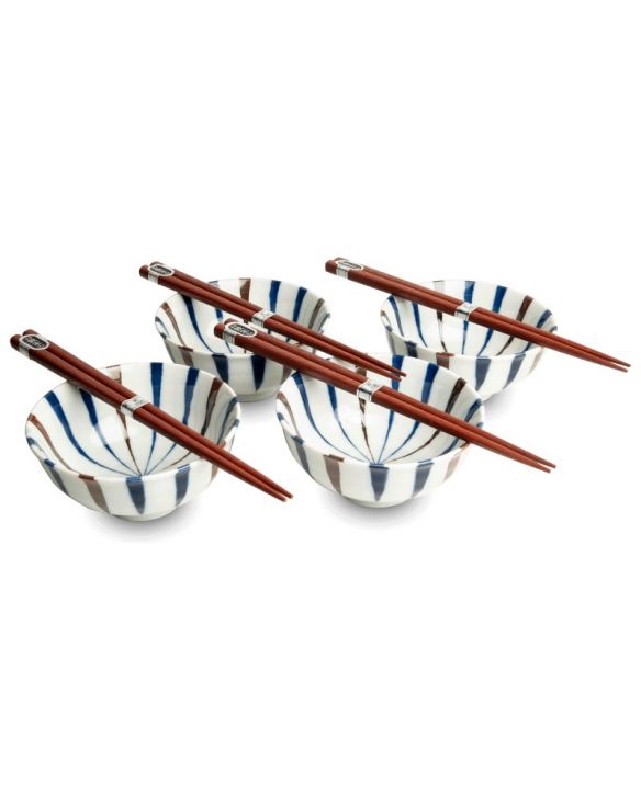 Set 4 Cuencos 11,5cm  Porcelana y palillos "Blanco-Azul-Marron"