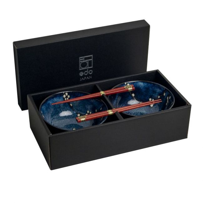 SET 2 CUENCOS 17cm PORC.+2 PALILLOS "Soshun azul"