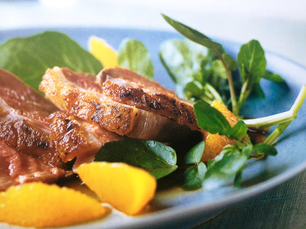 Recipe for Crispy Duck Breast with mandarin and watercress sauce.